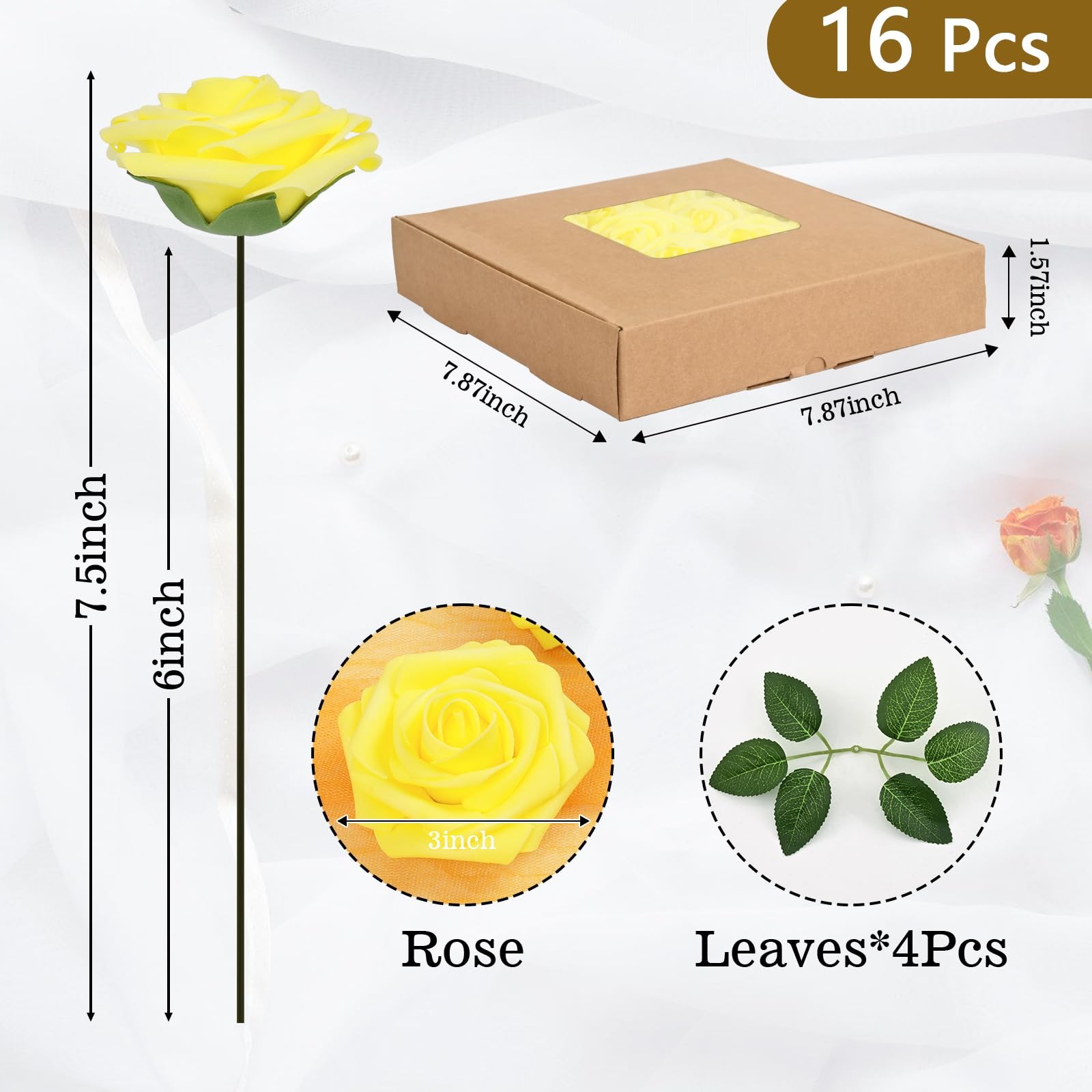 16Pcs Artificial Flowers Fake Roses with Stems, Yellow Boxed Foam Roses for D…
