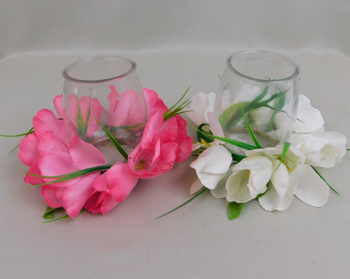 2pc Lilies & Tulips Floral Spring/Easter Centerpieces Glass Votive Vase #C471