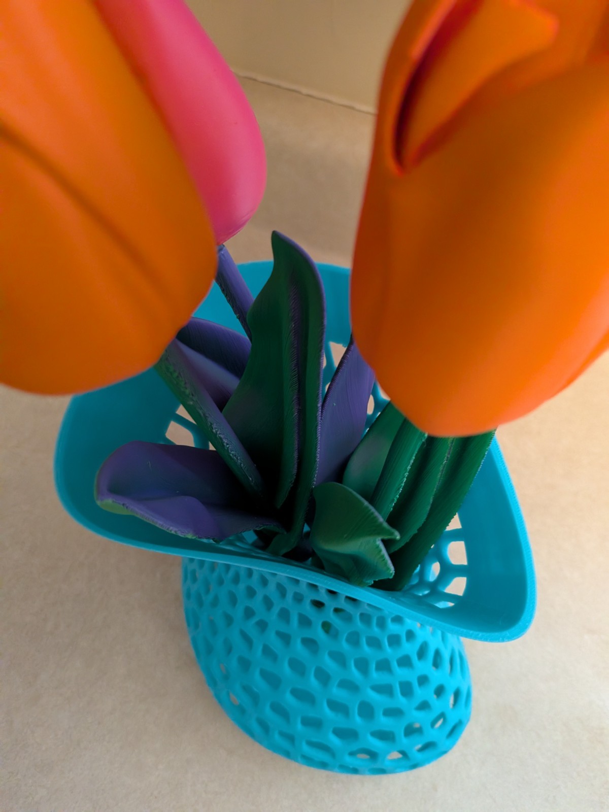 Artificial Tulip Flower Arrangement in Blue Vase, Orange Pink Green Plastic