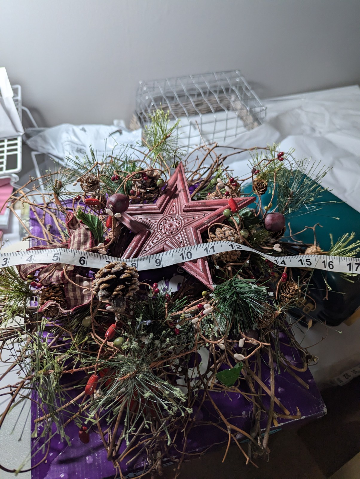 CHRISTMAS CLEARANCE!! Primitive Rustic Wreath W/ Maroon Ribbon And Metal Star