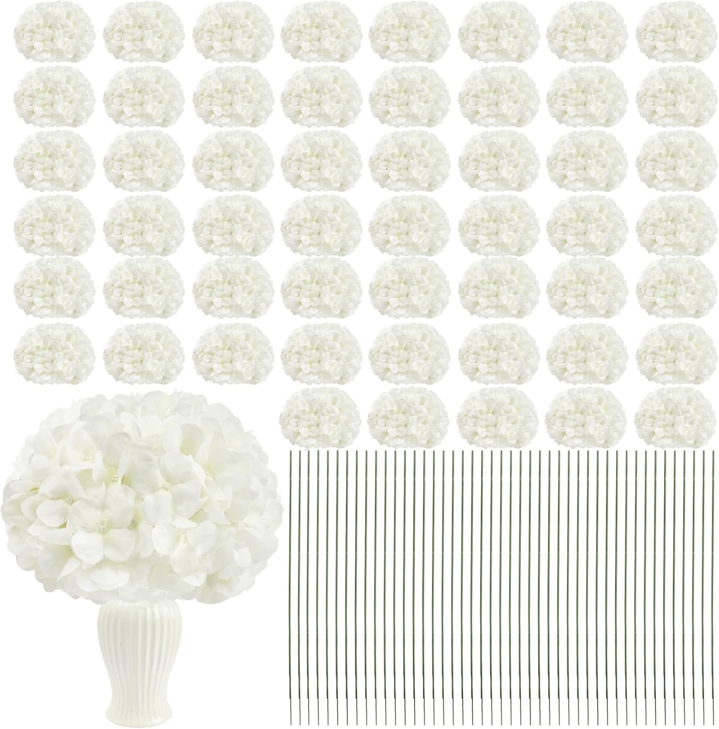 104 PCS Silk Hydrangea Flower Heads with Stems for DIY Decor