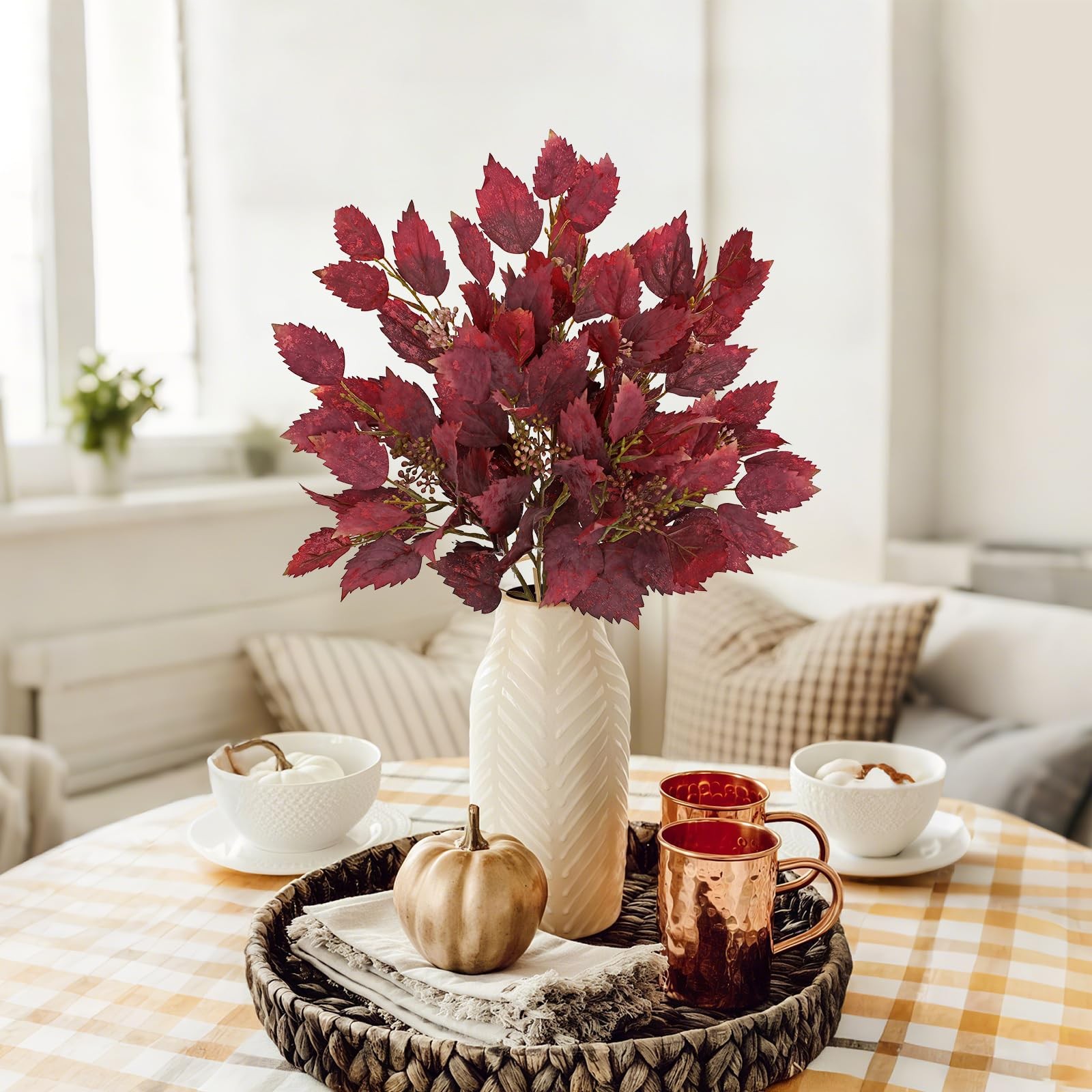 Artificial Fall Birch Leaves Stems – 2 Bundles Faux Autumn Foliage Arrangemen…
