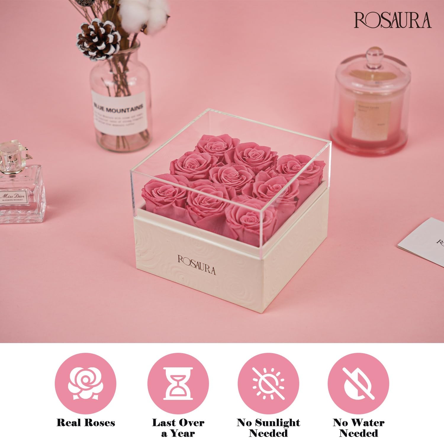 9 Square Preserved Roses Gift Box Real Forever Flowers Clear Acrylic Pink