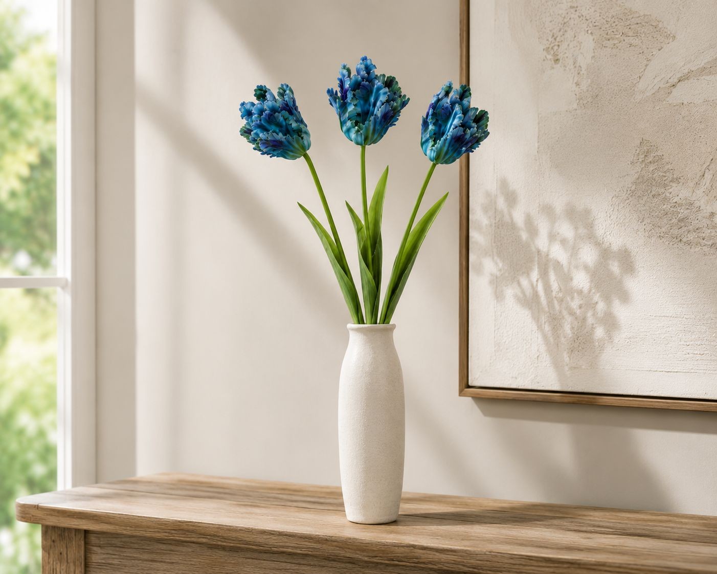Blue Faux Tulips Set of 3 Artificial Parrot Tulips 27 Inch Tall
