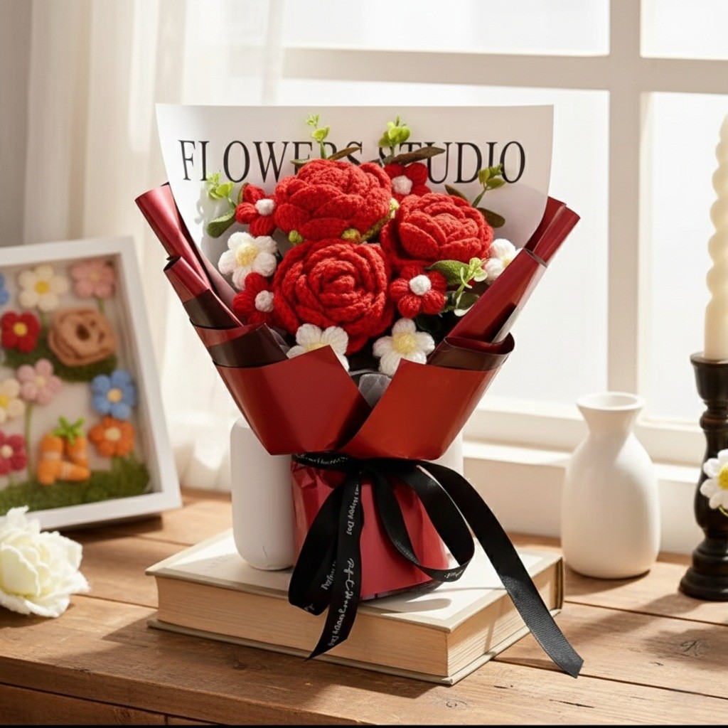 Handmade Crochet Red Rose Flowers Bouquet, Crochet Flower Bouquets for Mother’s