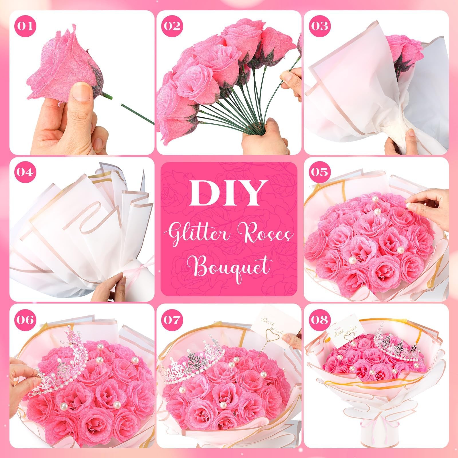 Glitter Roses Bouquet,24 Pcs Pink Flower Bouquet,Gifts for ,DIY Artificial Fl…