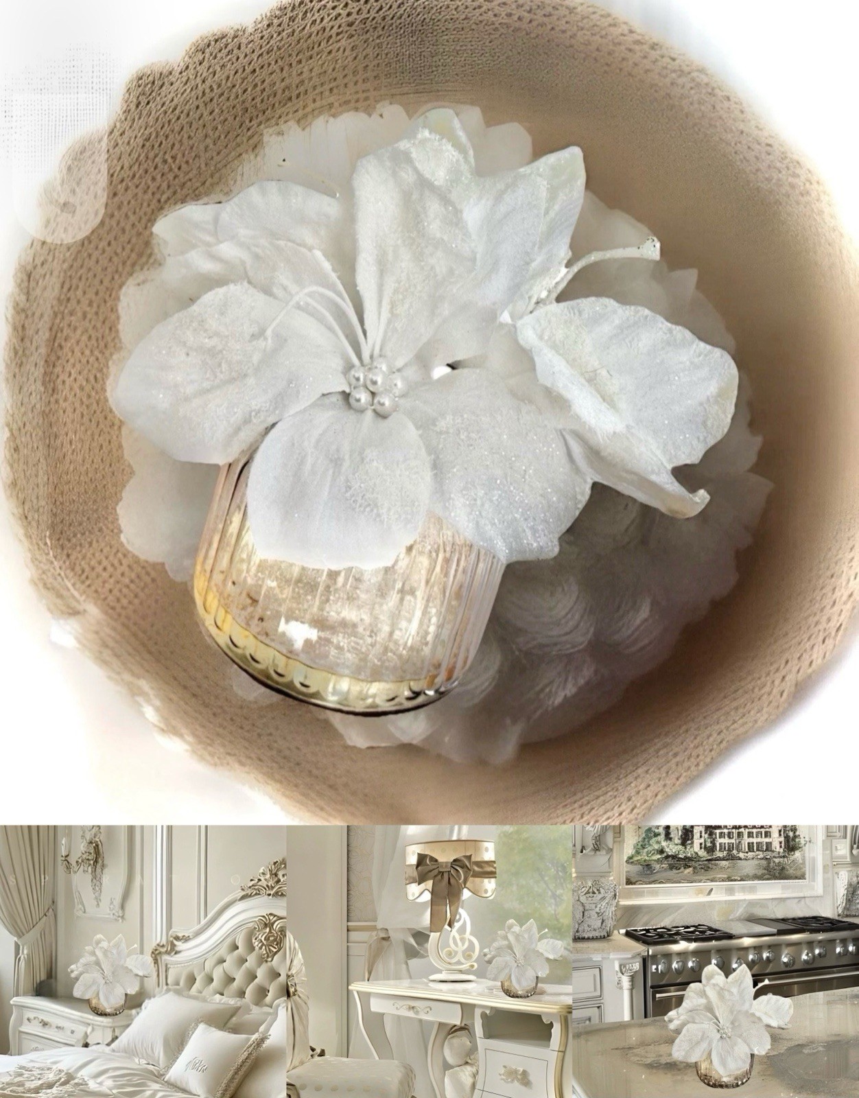 Nearly Natural White Poinsettia Faux Water Arrangement Christmas Decor Shabby