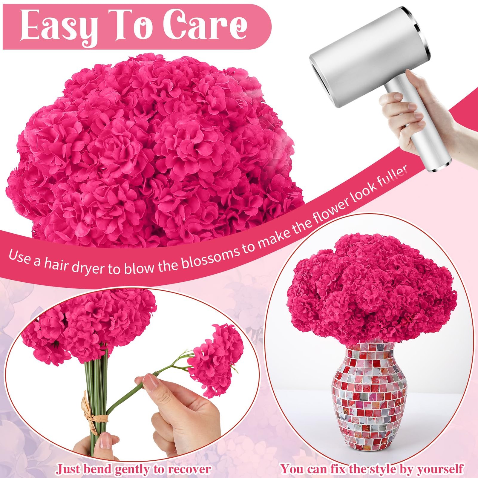 72 Pcs Hot Pink Hydrangea Artificial Flowers, Round Floral Bouquet for Home D…