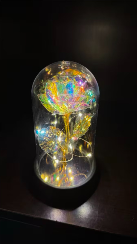 LED Light‑Up Rose in Clear Dome – Gold Stem – 15cm – Battery Powered – New