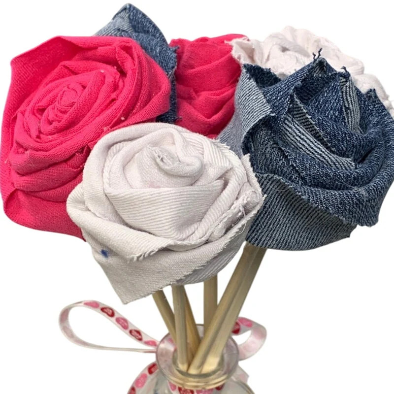 Handmade Upcycled Denim TShirt Sustainable Birthday Gift 6 Rose Bouquet w Vase