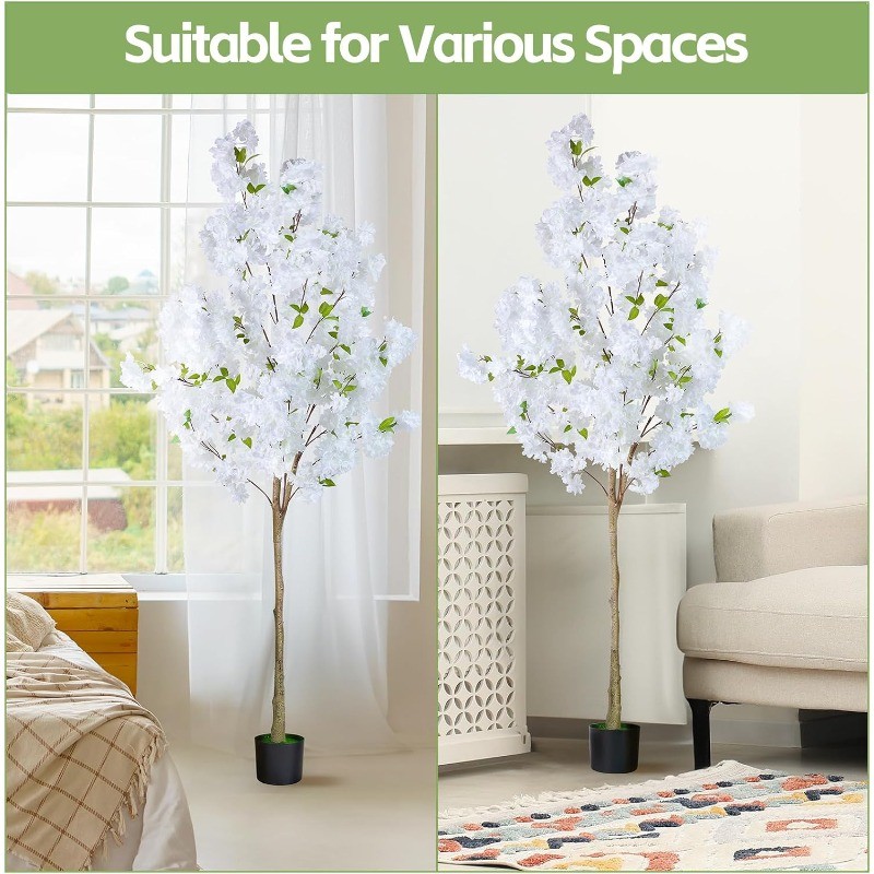 6Ft Tall White Artificial Cherry Blossom Tree,Faux Tree with Plastic Nursery Pot