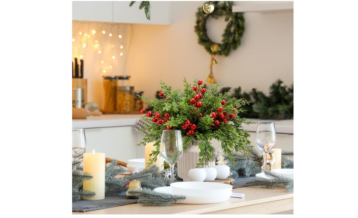 45 Pcs Christmas Artificial Pine Branches with Red Berry Stems- 10.5″ Faux Everg