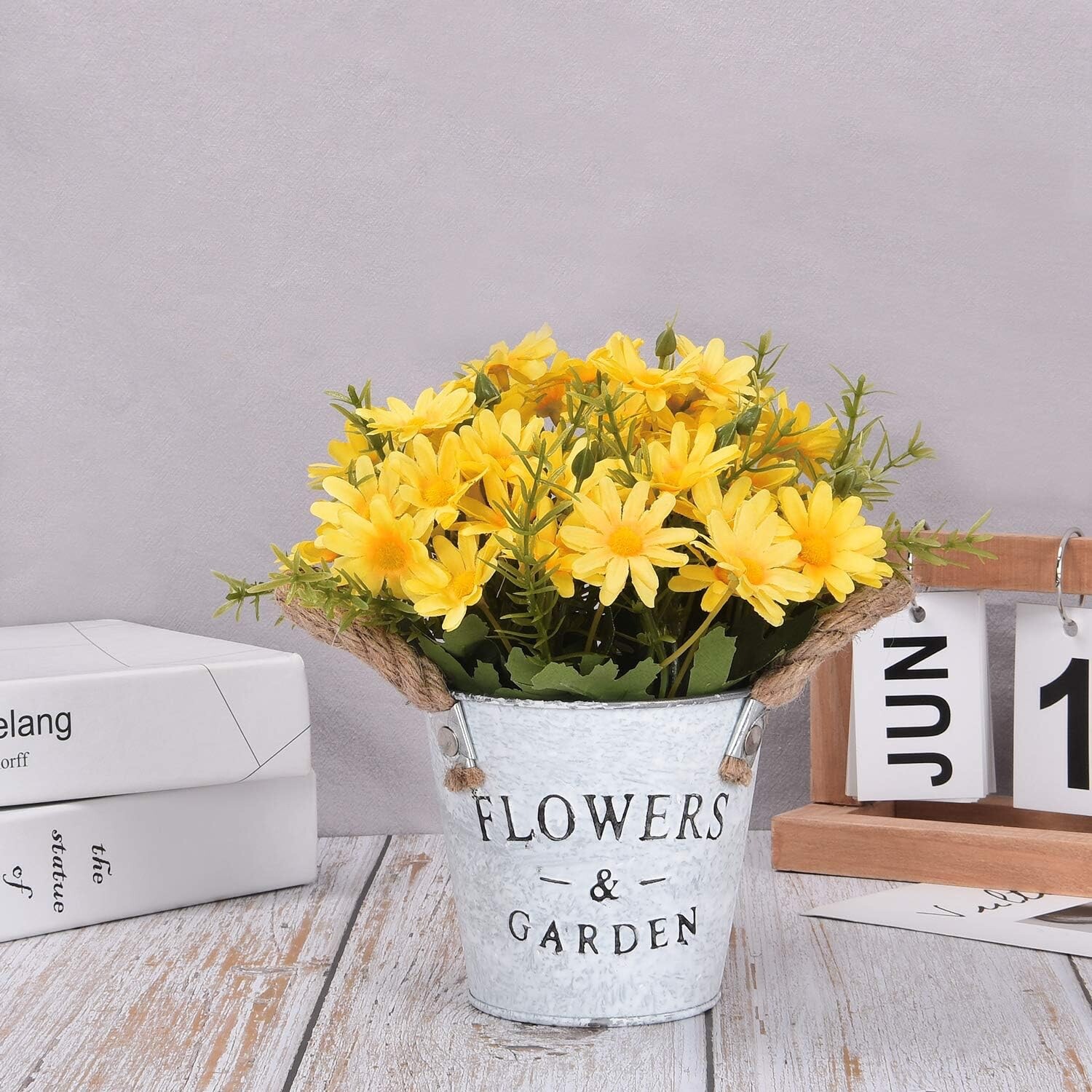 Floral Arrangement Bouquet Yellow Daisy Metal Pot Artificial Flowers Home Decor