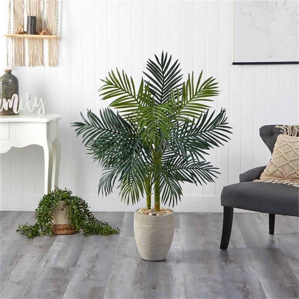 Pemberly Row 54″ Golden Cane Palm Artificial Tree Oval Planter in Green/Beige