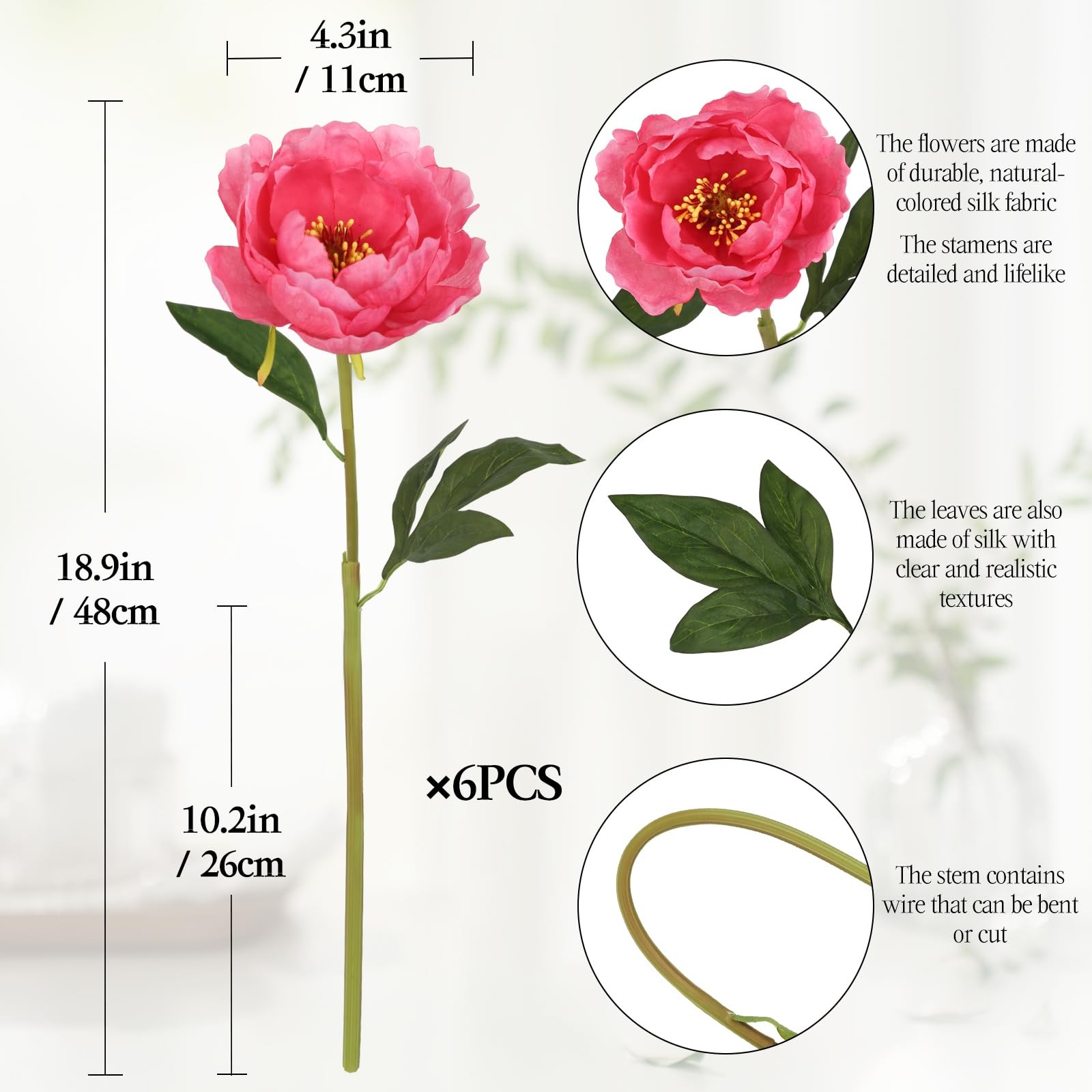 6 PCS Artificial Silk Faux Peonies Flowers Wedding Centerpieces Hot Pink