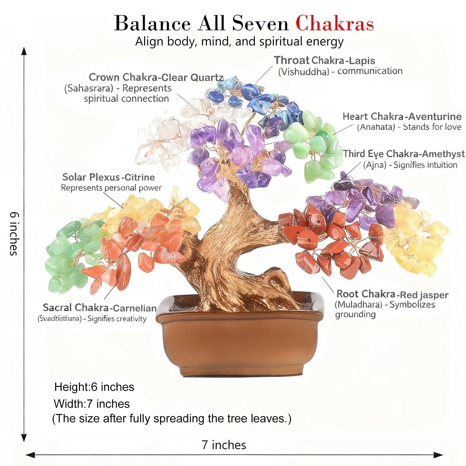 7 Chakra Tree of Life Handmade Gemstone Bonsai Tree with 180 Large Beads- Hea…