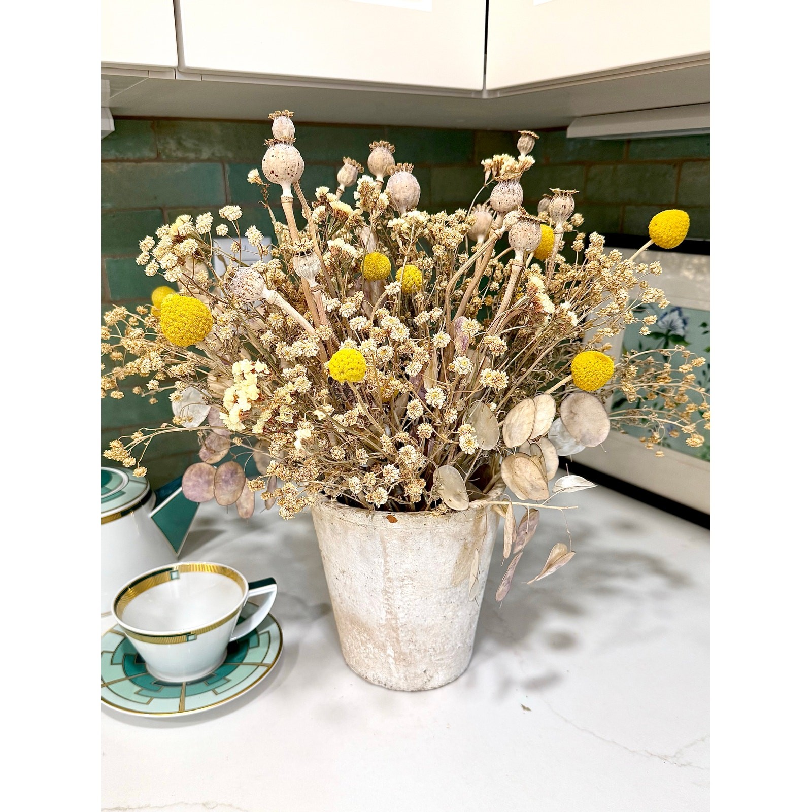 Dried Seed Pod Bouquet 16” Yellow Billy Buttons Boho Wedding Centerpiece Natural