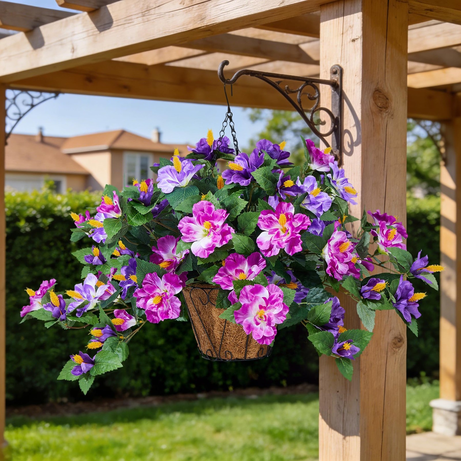 Realistic UV Resistant Fake Hibiscus Flowers – 3 Bunches with Hanging Basket for