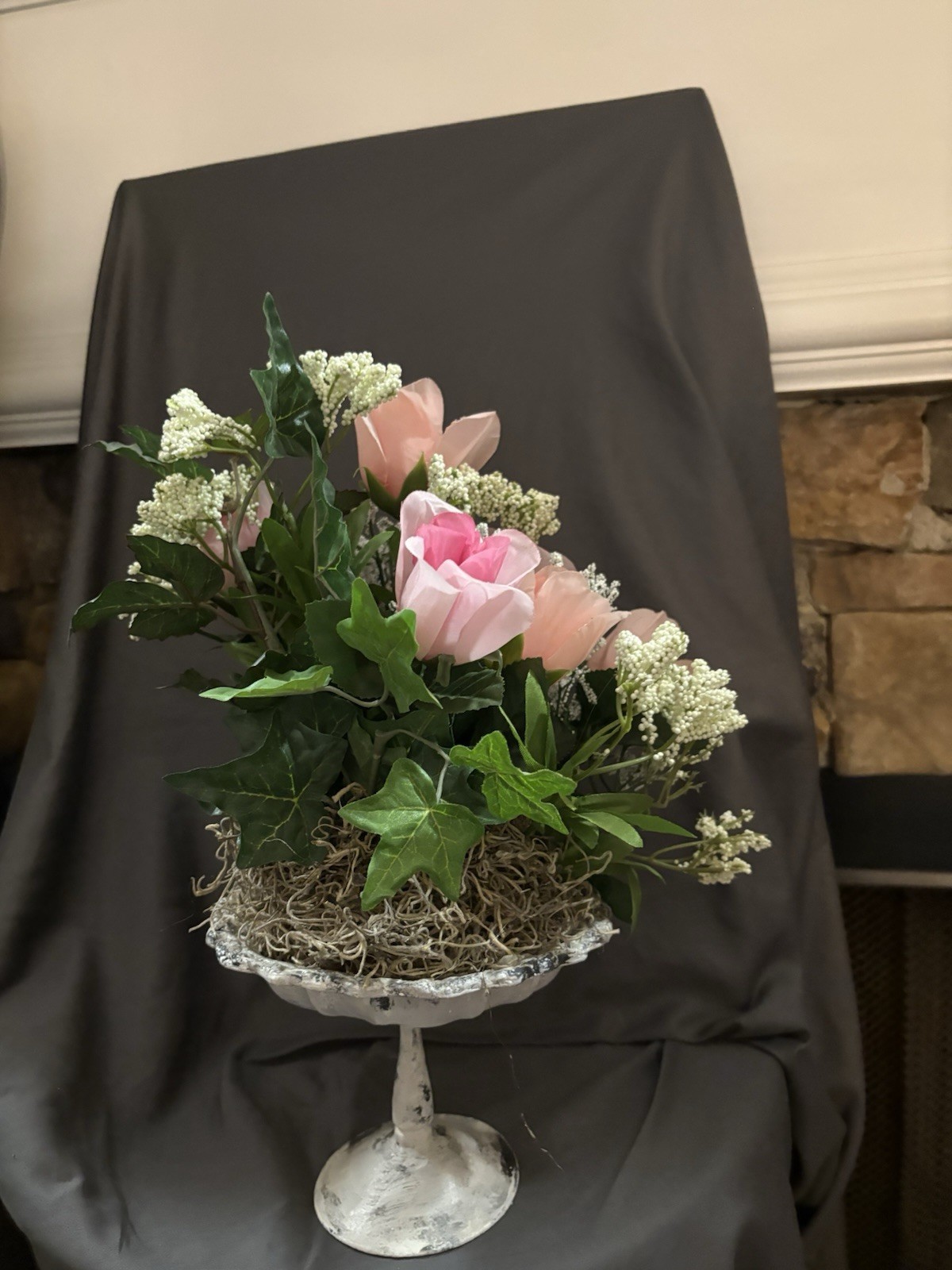 New Handmade 14 X 12” Floral Arrangement On Metal Stand With Pink Roses SKU L16