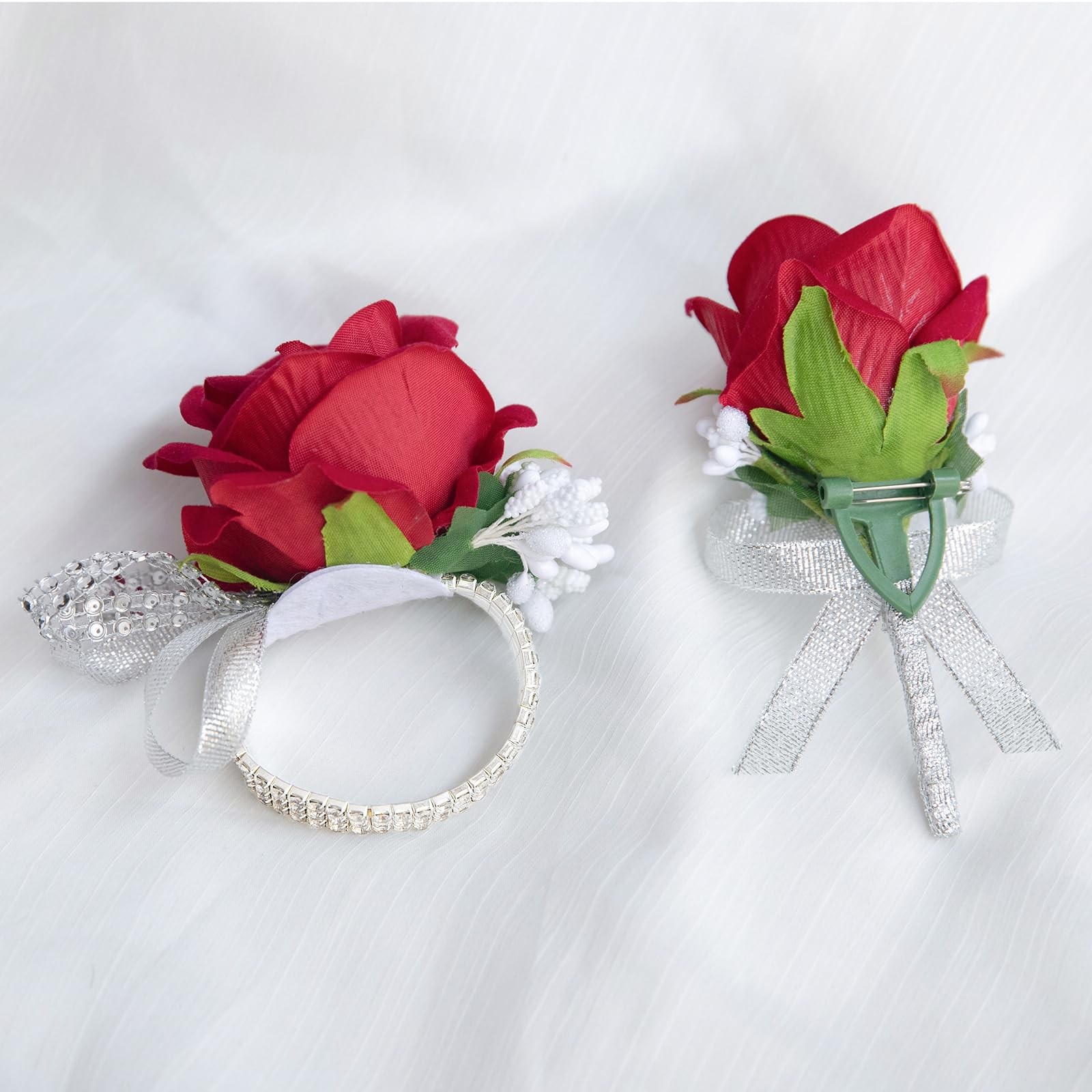 2 PCS Red Artificial Rose Corsage Wristlet Men Boutonniere Set Prom Suit