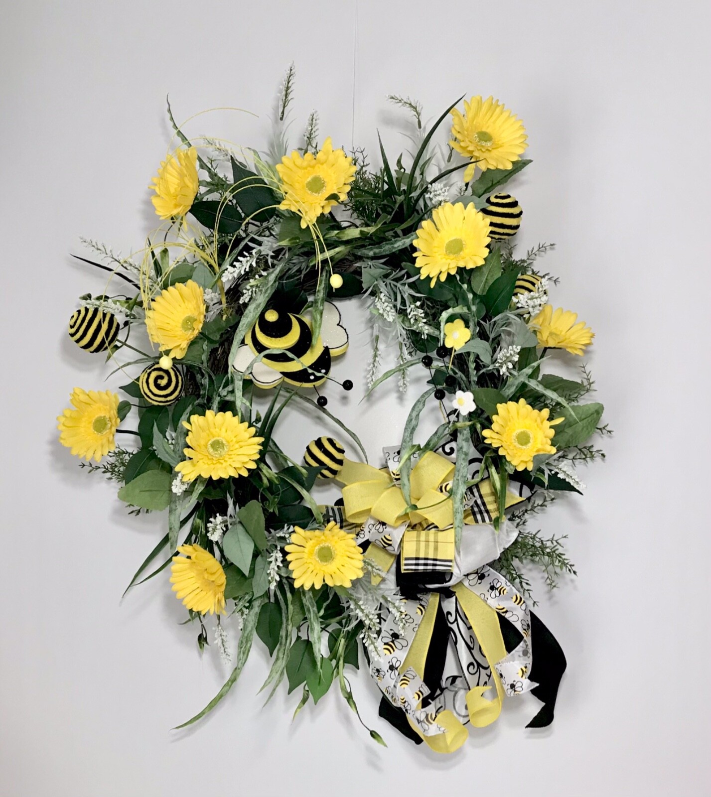 LARGE BRIGHT SPRING SUMMER BEE GRAPEVINE DOOR WREATH YELLOW FLORAL DECOR GIFT