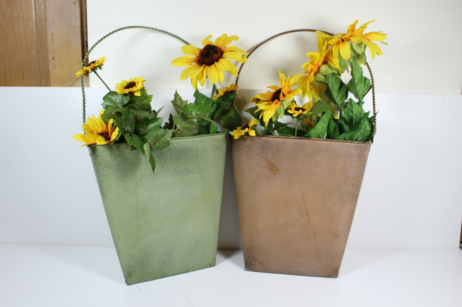 Welcome To Spring! Green & Pink Metal Containers With Artificial Flowers