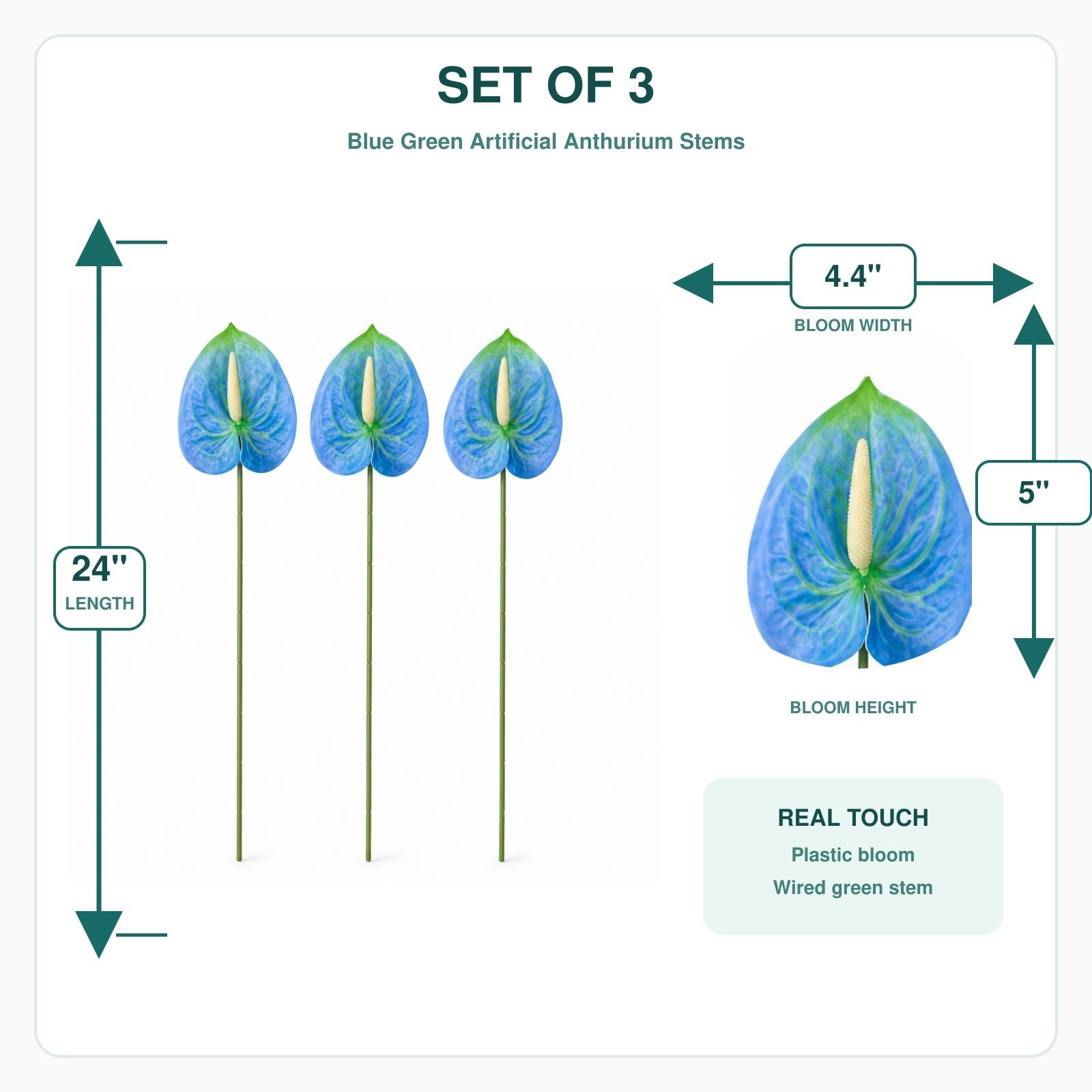 Blue Green Artificial Anthurium Stems Set of 3, 24 Inch Real Touch Tropical Flow
