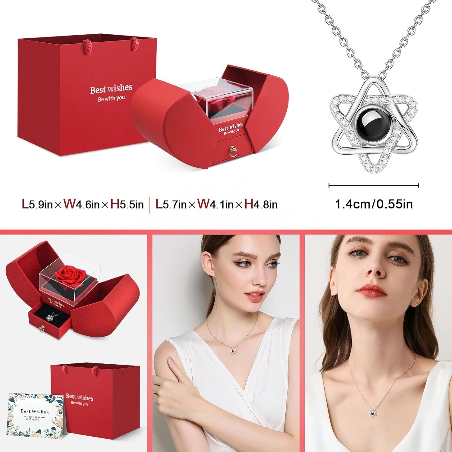 Preserved Red Real Rose with Heart I Love You Necklace -Eternal Flowers