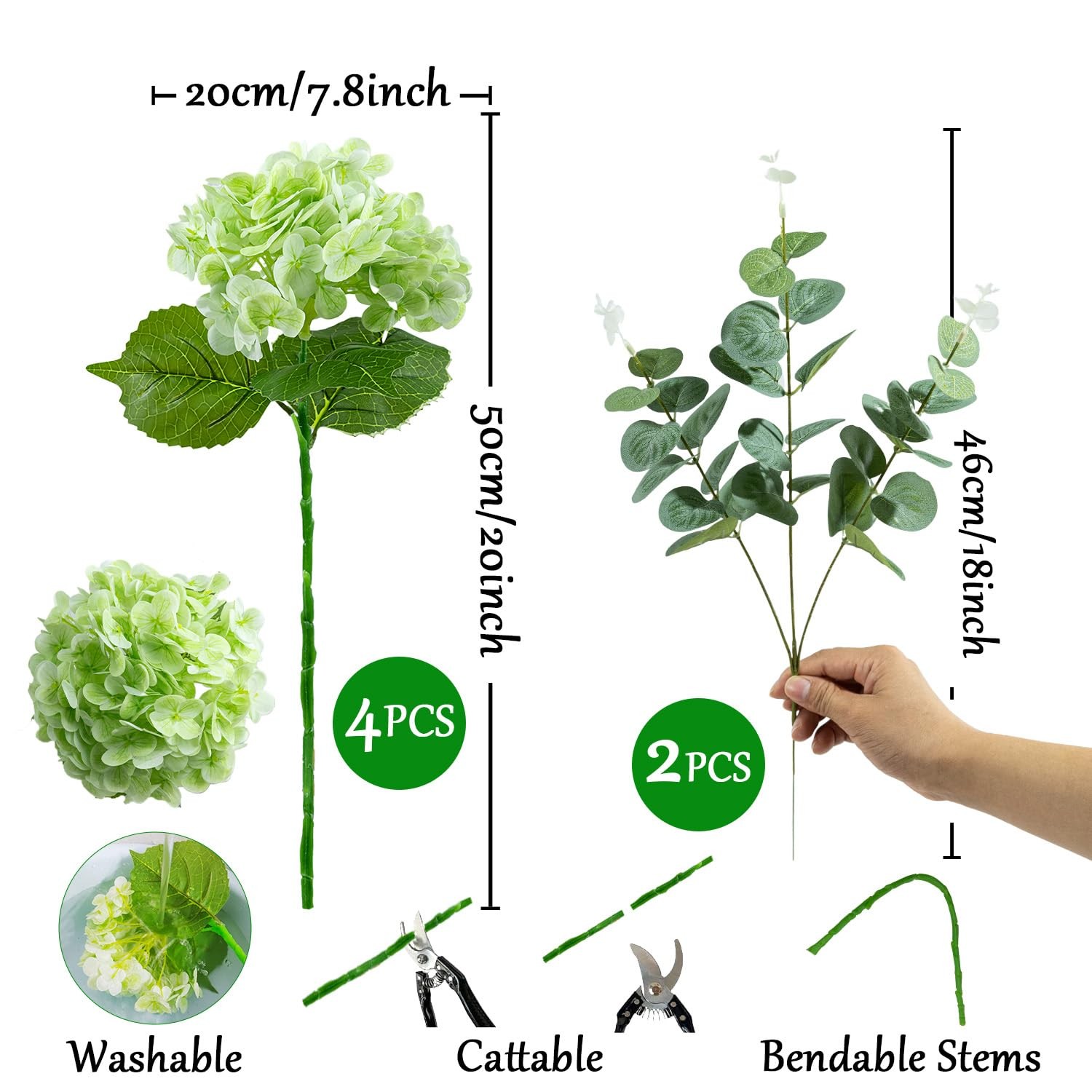 4 PCS Hydrangea Artificial Flowers 20 Inch Latex 2 Eucalyptus Stems Indoor Decor
