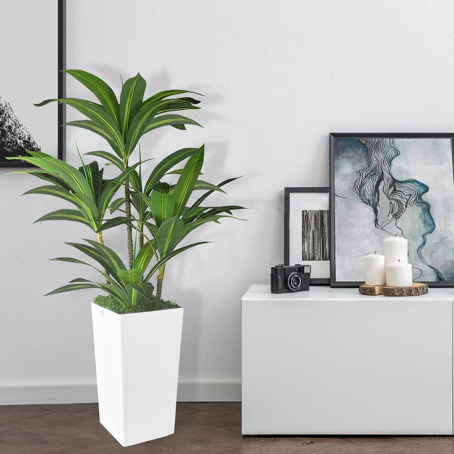 Artificial Dracaena Tree 5FT with WhiteTall Planter,Fake Green Plant with