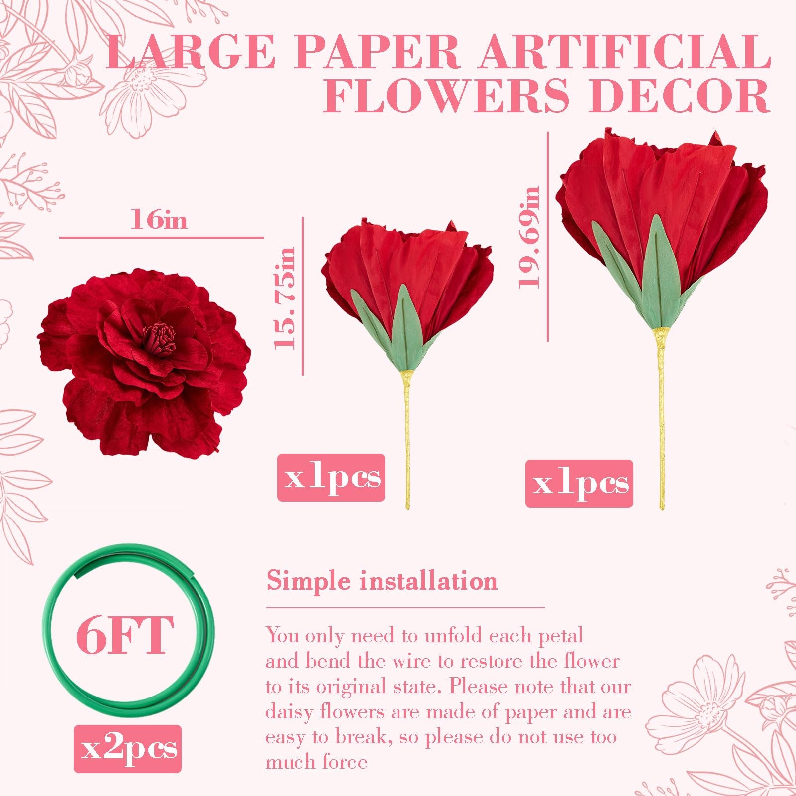 2 Pcs 5ft Large Peony Flowers Giant Artificial Red Peony Standing Huge Handcr…