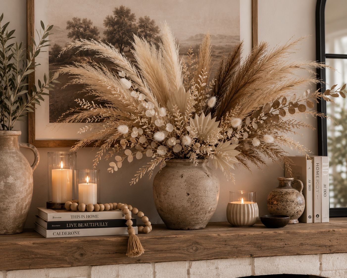 42 Piece Faux Pampas Grass Set Neutral Pampas Stems Beige Cream Taupe Brown Boho