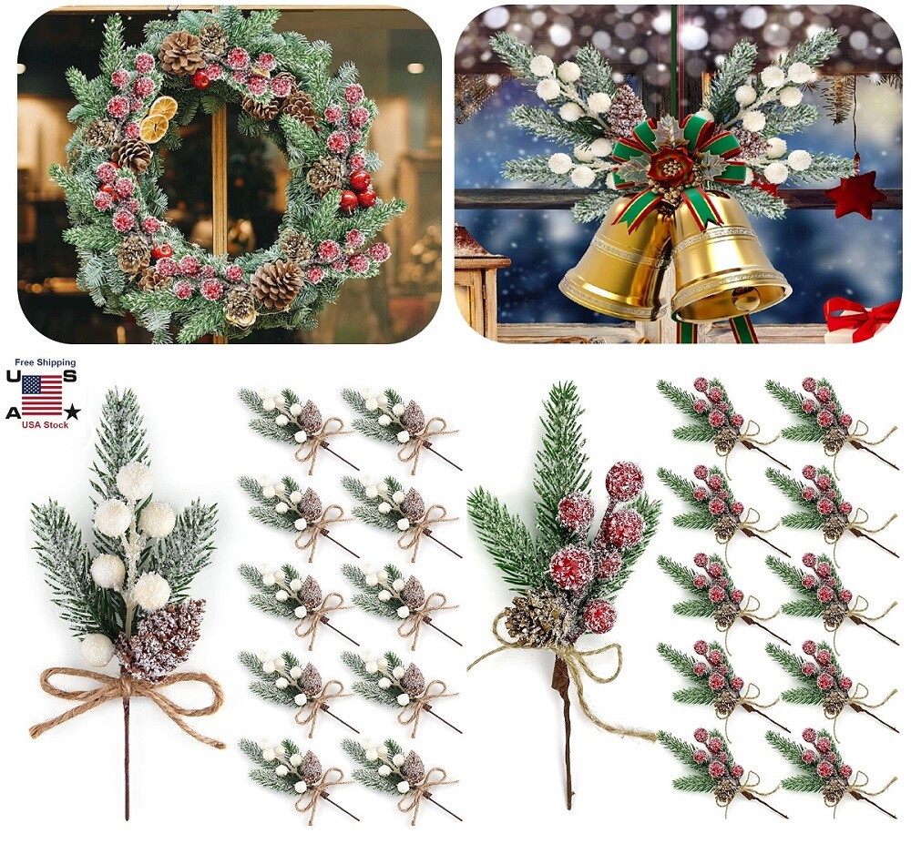 10× Christmas Berries Pine Cones Artificial Pine Picks with Snowflakes Holly US