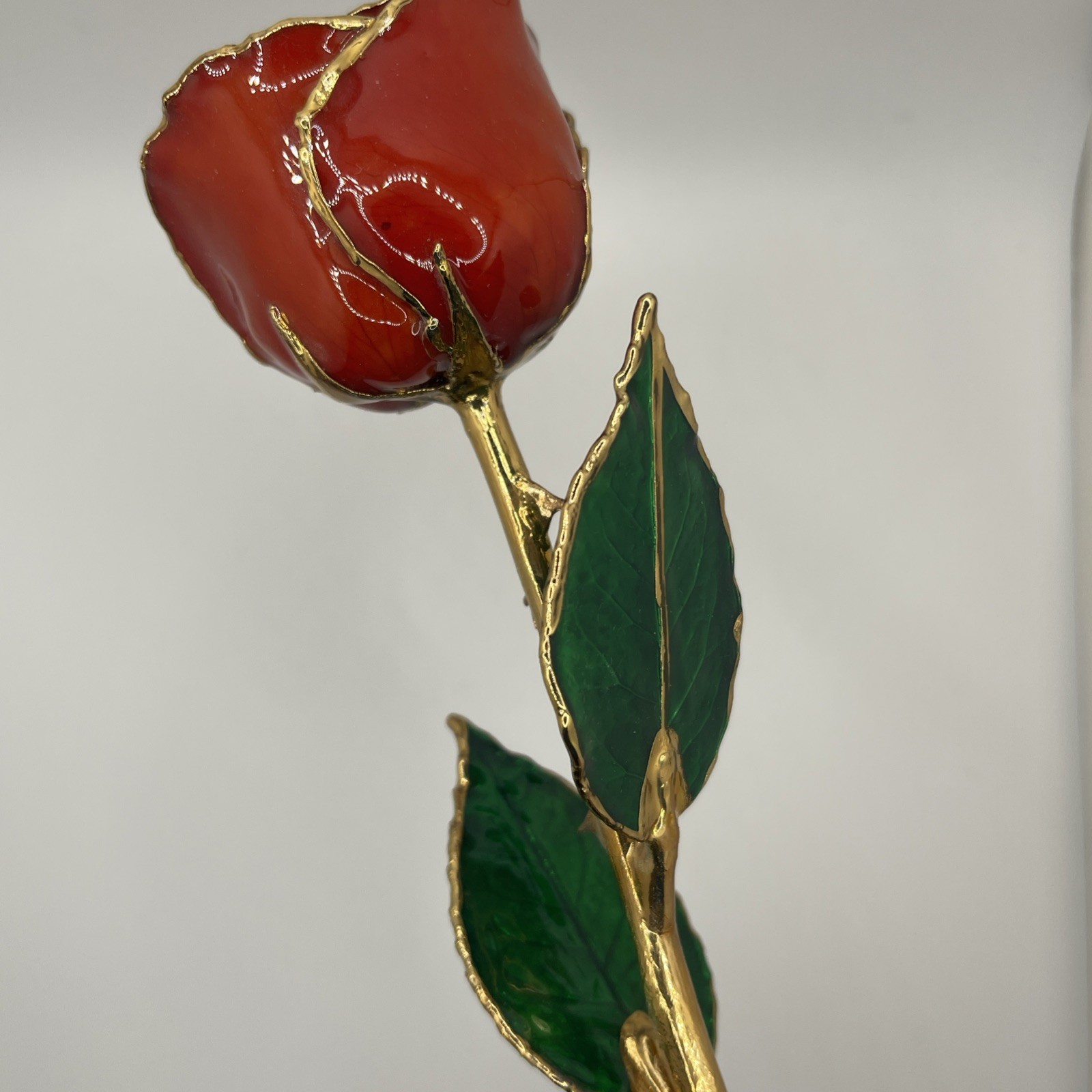 Genuine Real Rose Trimmed In 24 Kt. Gold Long Stem Rose Red Rose Green Leaves