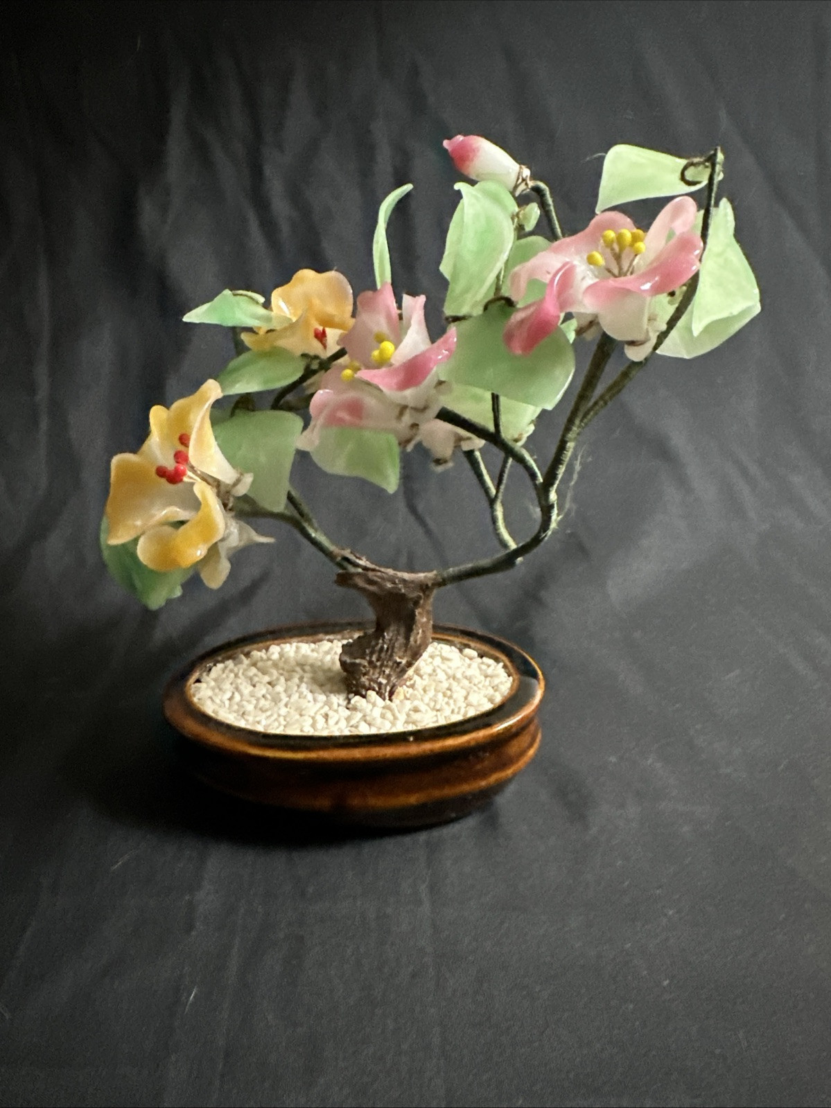 Vintage Chinese Jade Glass Bonsai Handcrafted Flower Tree 8”