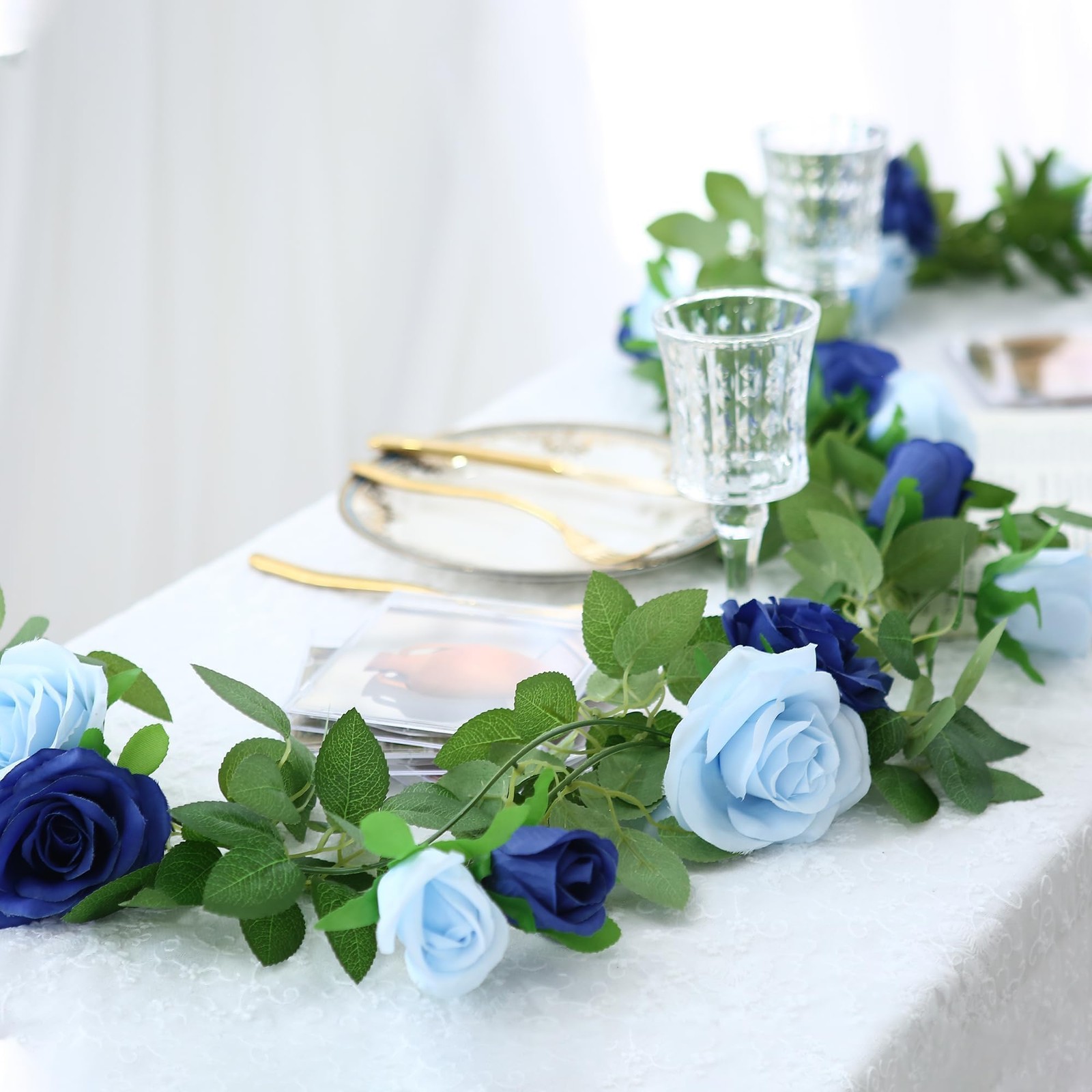 2Pack Mixed Blue Artificial Rose Flower Garland 13FT Fake Rose Vine for Table…