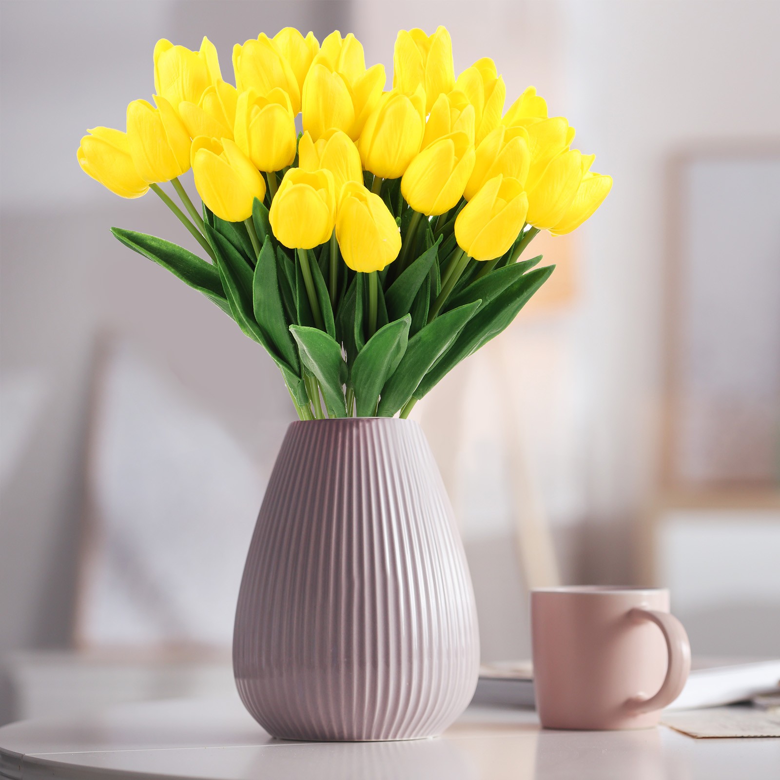 24Pcs Fake Tulips Artificial Flowers PU Artificial Tulips Real Touch Yellow