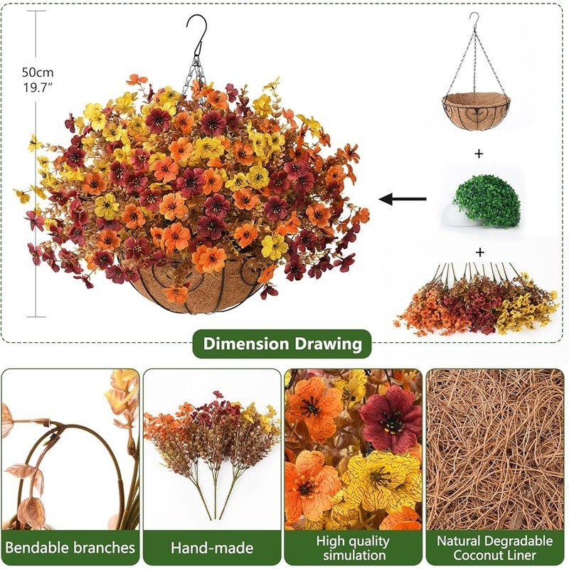 Artificial Hanging Flowers Basket Faux Silk Mums Eucalyptus Fall Decor New
