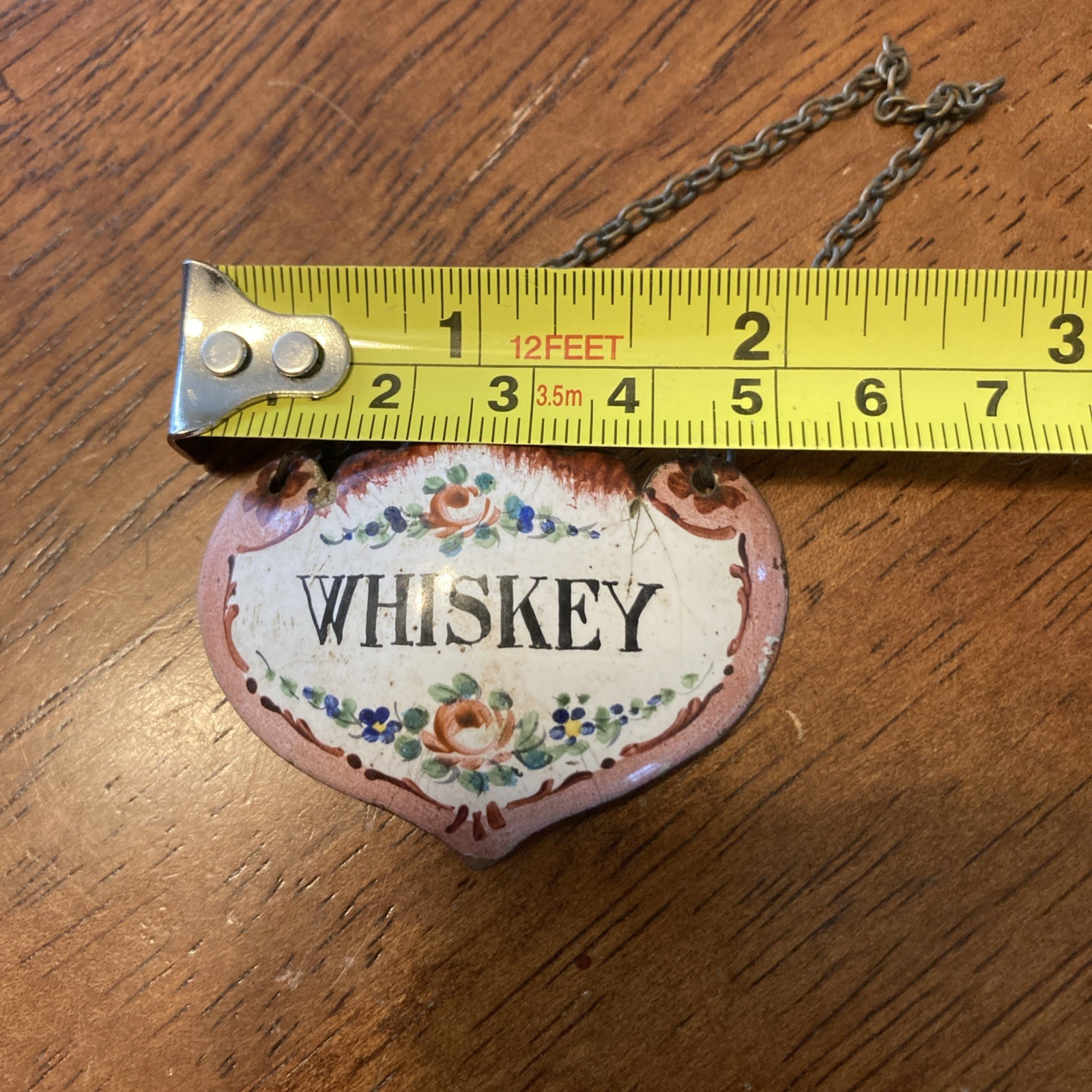 Antique Porcelain on Metal Liquor Bottle Tag w Brass Chain WHISKEY