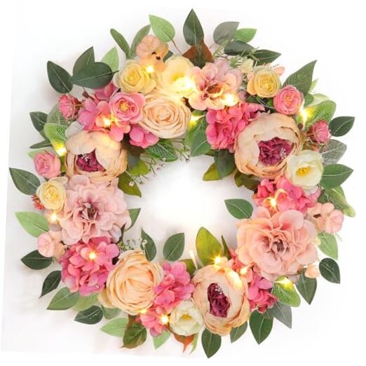 [Lighted & Timer] 22″ Spring Summer Wreaths for Front Door Peony Wreath with