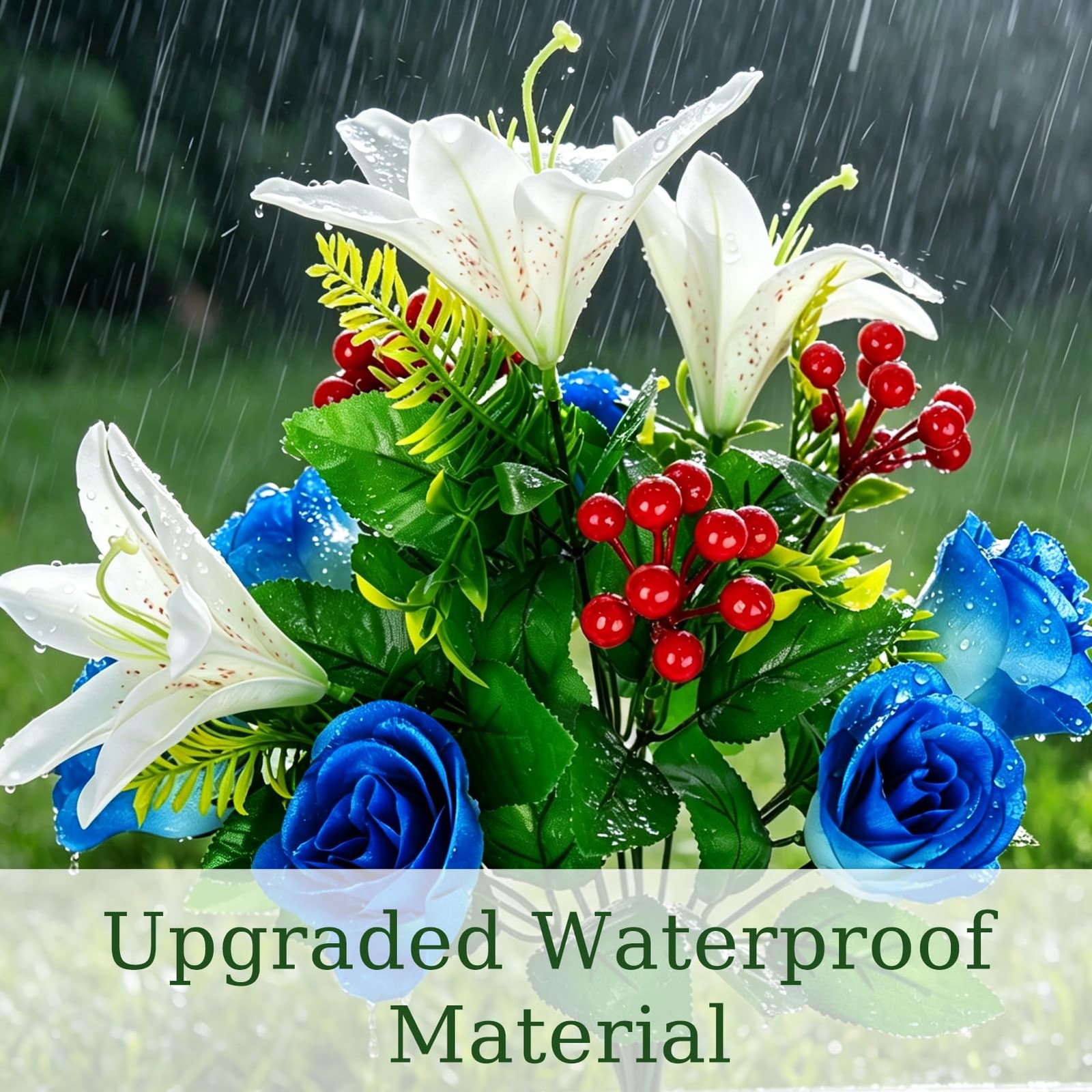 2 Bouquets Artificial Red White Blue Flowers for Cemetery – Realistic Patriot…