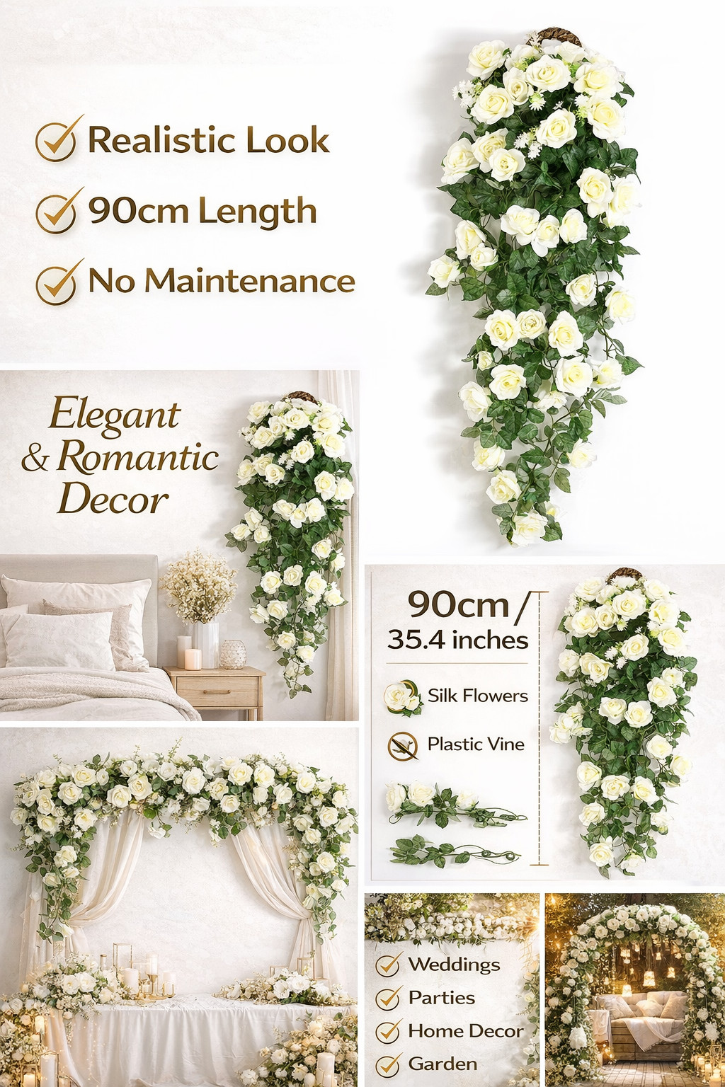 White Rose Flower Garland 90cm Artificial Hanging Vine Home Wedding Decor