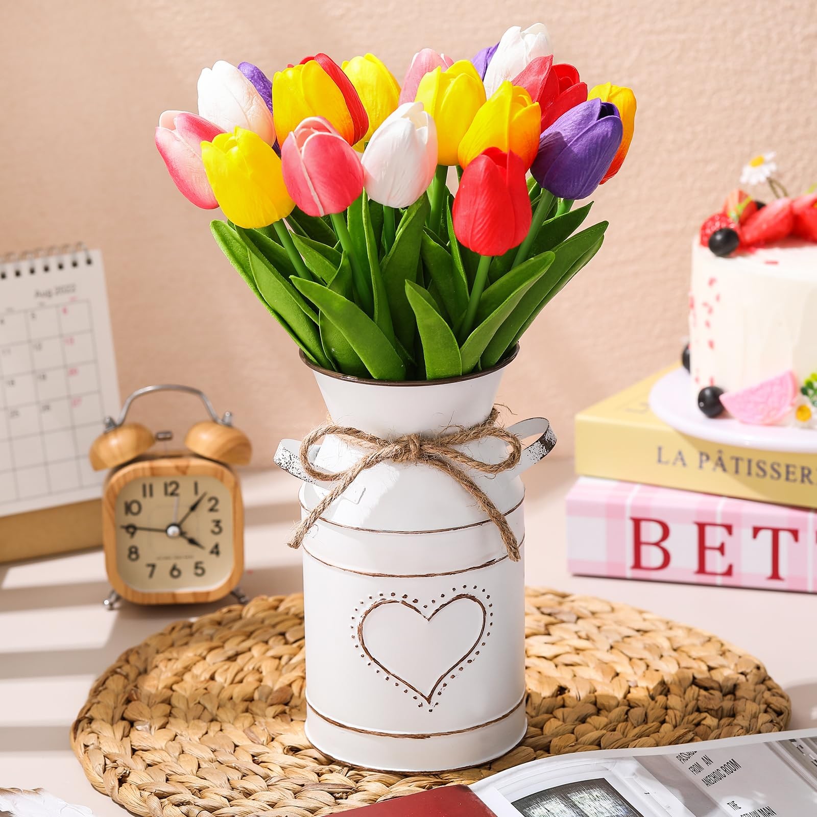 19 PCS Spring Easter Centerpieces 18 Artificial Tulip Bouquet 1 Metal Pot Vase