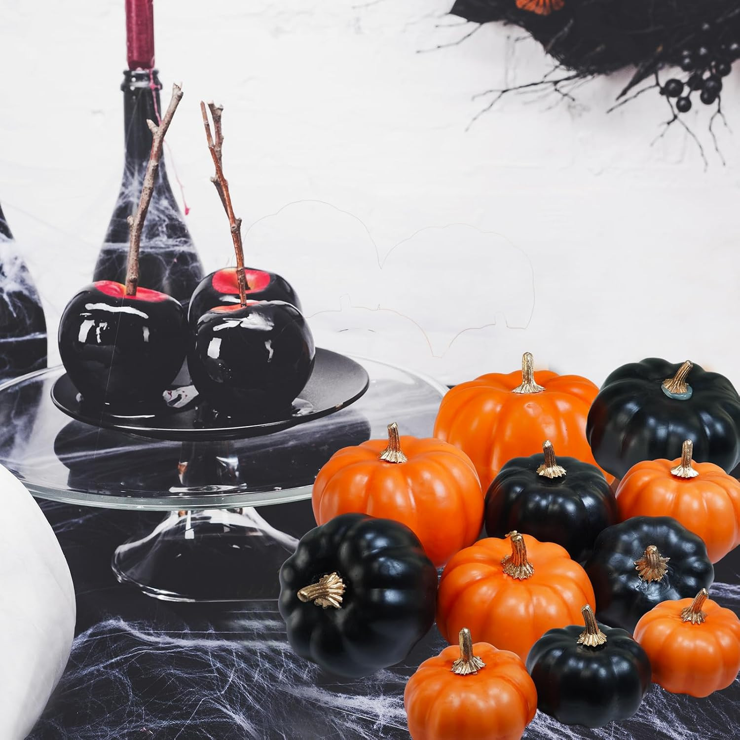 12 Pcs Artificial Orange & Black Pumpkins – Small Decorative Fall Pumpkins for A