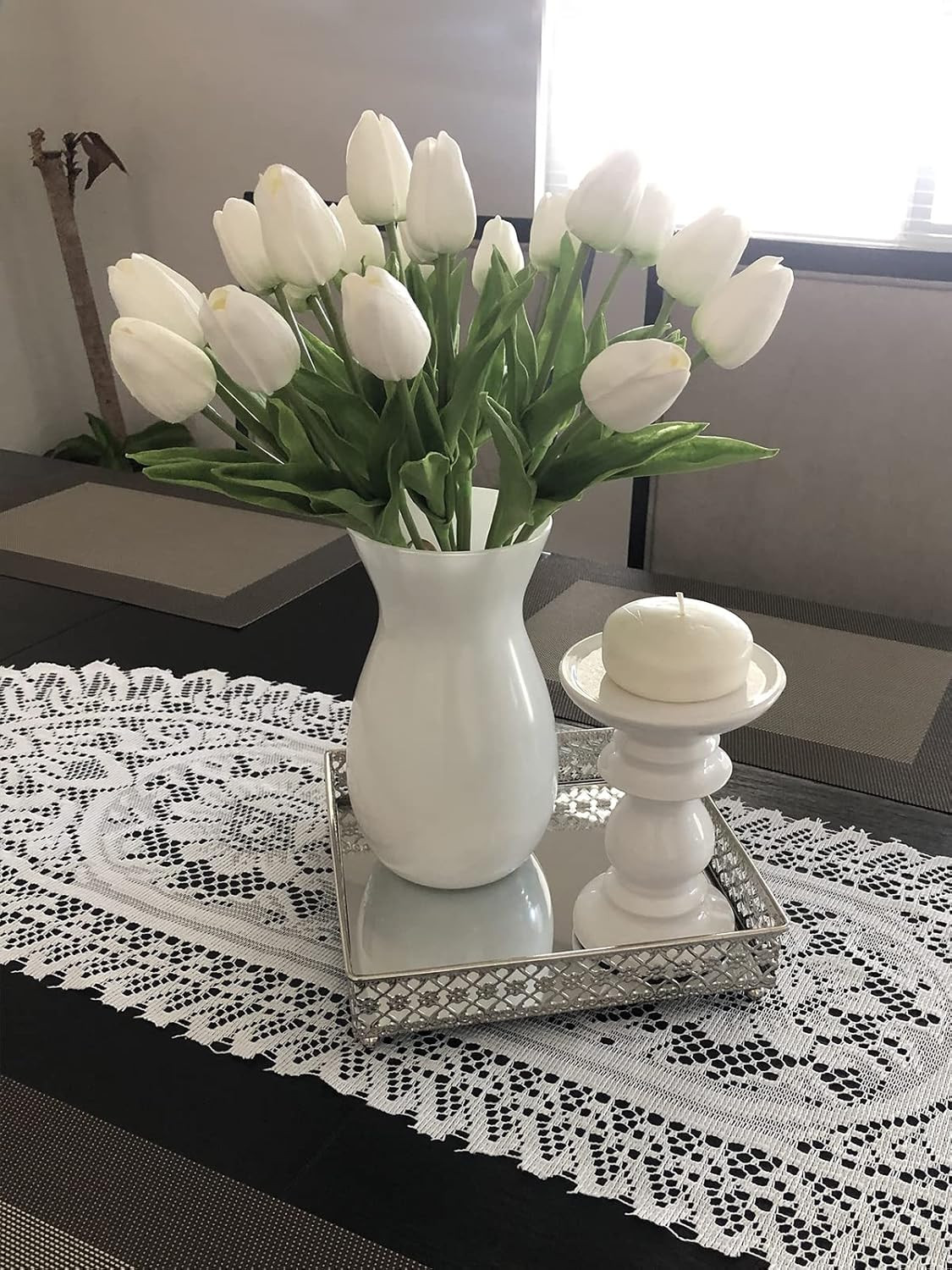 White Tulips Artificial Flowers 18Pcs Faux Silk Tulip Real Touch Tulip Fake Flow