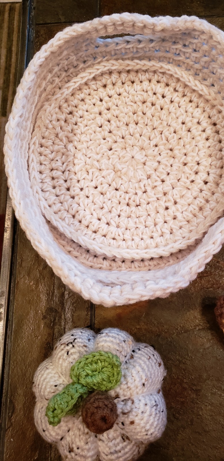 Crocheted Basket Pumpkins and Gourds Handmade Fall Decor 11 “X 11”
