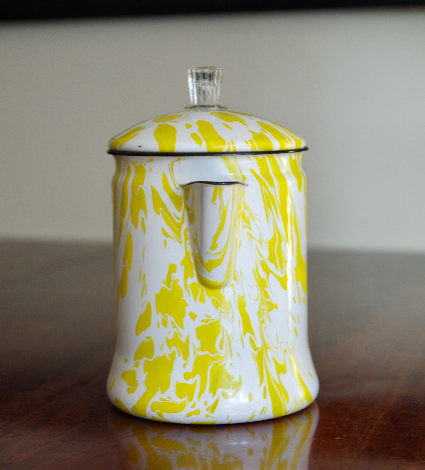 Vintage Enamel Yellow & White Coffee Pot Silk Yellow Daisies & Blue Delphinium