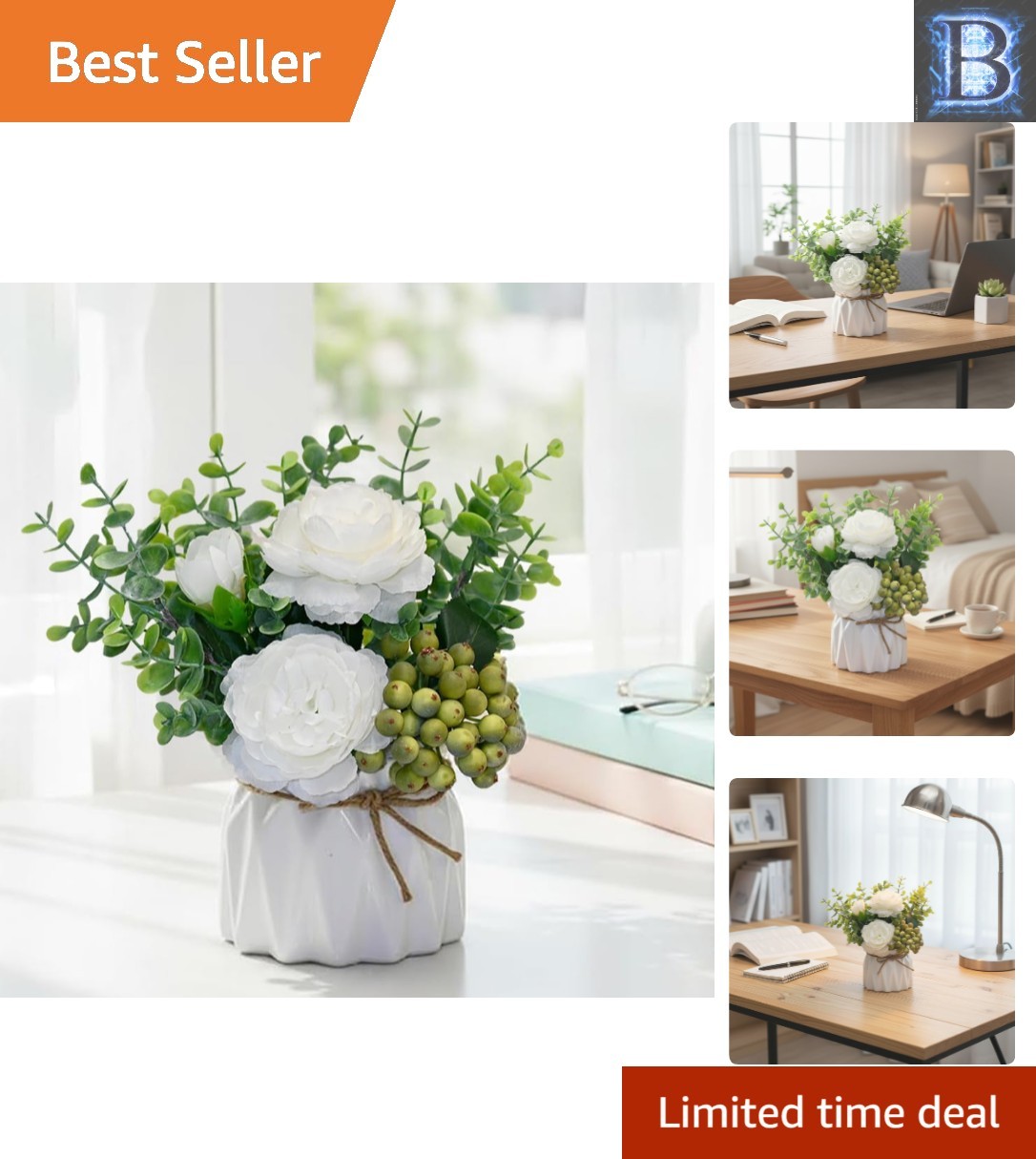 Elegant White Peony Floral Arrangement in Ceramic Vase – Low Maintenance Decor