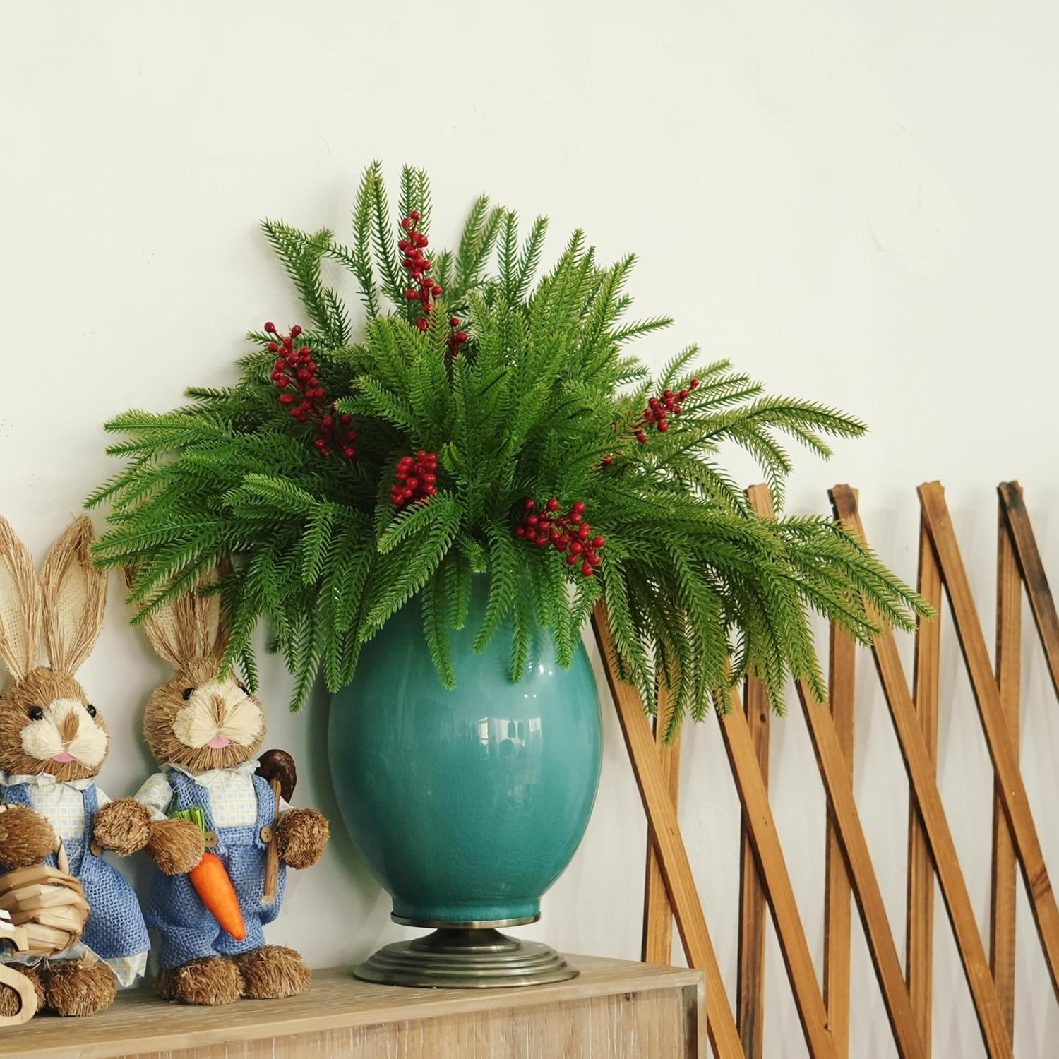 12pcs Christmas Norfolk Pine Branch with Berry Set, 18 Inches Artificial Norfolk