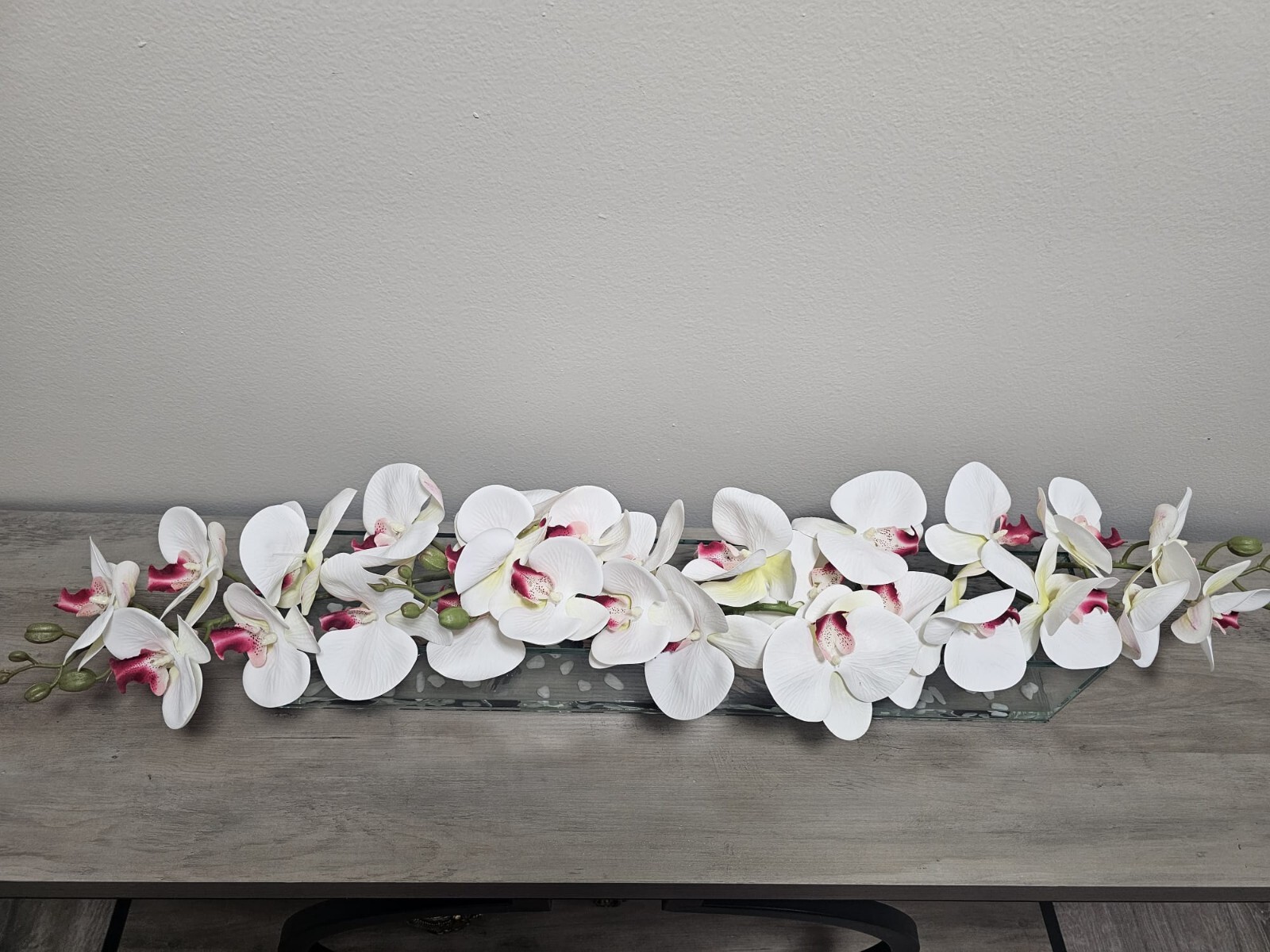 Floral Arrangement, Casa Moderna Glass Plate  W/ Faux White Orchids & Succulents